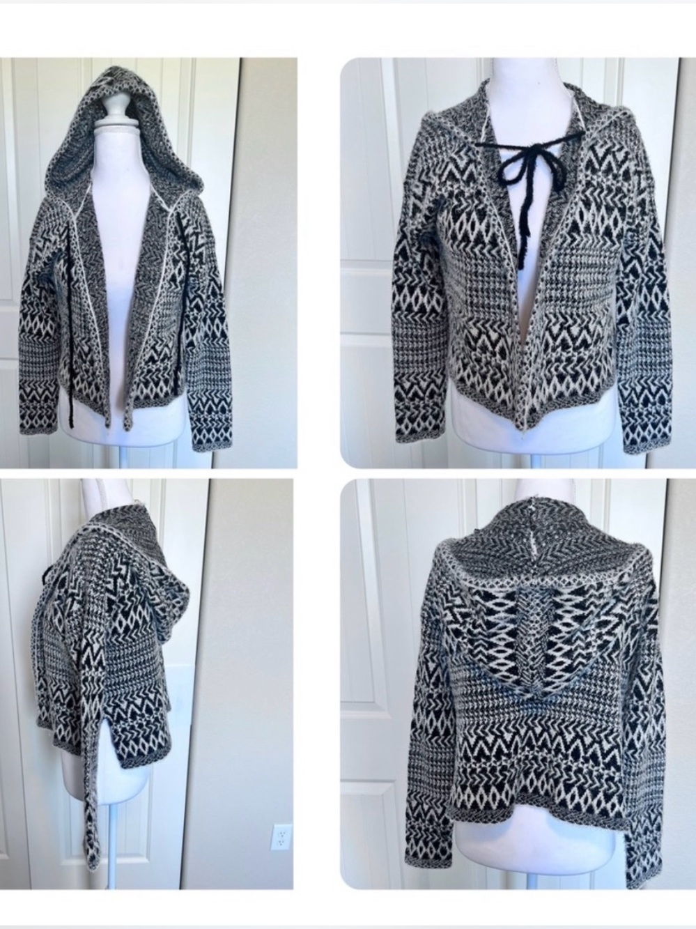 Hem & Thread Black & White Patterned Hooded Cozy Cardigan Side Slits Sz Small